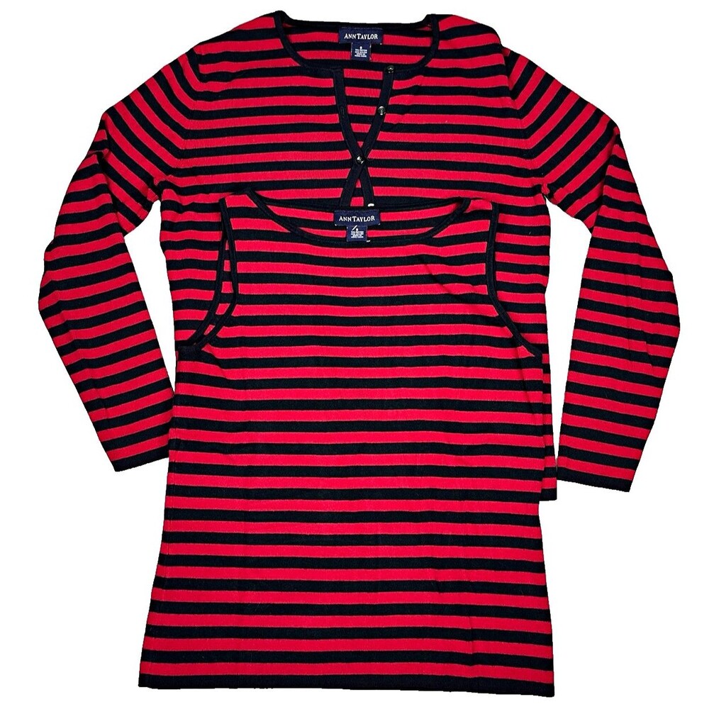 Ann Taylor Red Black Striped Knit 2 Pc Cardigan Tank Set Women Small Office